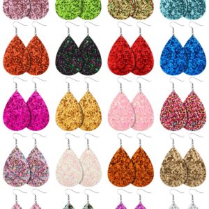 Hicarer 20 Pairs Glitter Teardrop Earrings Bulk Leather Lightweight Leaf Dangle Earring Fashion Jewelry for Women(Bling Color)