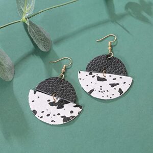 Faux Leather Cow Print Teardrop Leaf Drop Dangle Earrings Floral Hook Star Round for Women Lightweight Handmade Aesthetic Jewelry-Black Layered