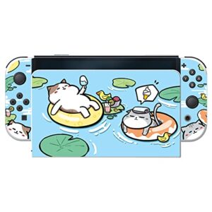 PlayVital Full Set Protective Stickers for Nintendo Switch OLED Model, Customized Vinyl Decal Skins for Switch OLED Console & Joycon & Dock & Grip - Pool Party Kitten