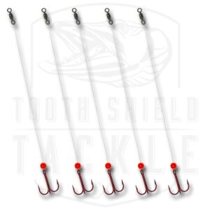 Tooth Shield Tackle Ice Fishing Fluorocarbon Walleye Tip Up Leader/Rig (15 lb) Ice Fishing Walleye Predator Rig (5 Pack) [Red Bead] (#8)