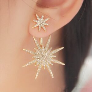 Jumwrit Starburst Rhinestone Earrings Star Dangle Earrings Rhinestone Punk Earrings Statement Drop Earrings for Women（Gold）