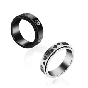 COLORFUL BLING 2pcs Stainless Steel Love Heart Spinner Band Ring Set Taiji Yin Yang 6/8mm Wide Anxiety Stress Relieving Fidget for Women Men Couple Wedding Promise Jewelry-9