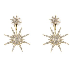 Jumwrit Starburst Rhinestone Earrings Star Dangle Earrings Rhinestone Punk Earrings Statement Drop Earrings for Women（Gold）