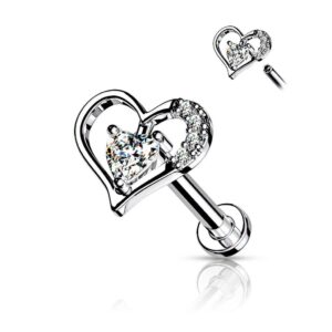 6mm paved cz heart top internal threaded flat back lip tragus cartilage piercing 16g - clear