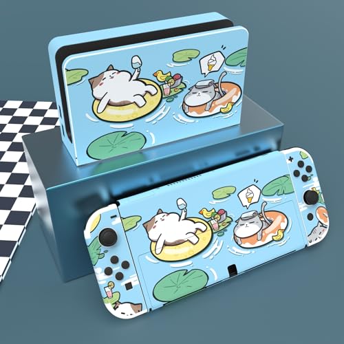 PlayVital Full Set Protective Stickers for Nintendo Switch OLED Model, Customized Vinyl Decal Skins for Switch OLED Console & Joycon & Dock & Grip - Pool Party Kitten