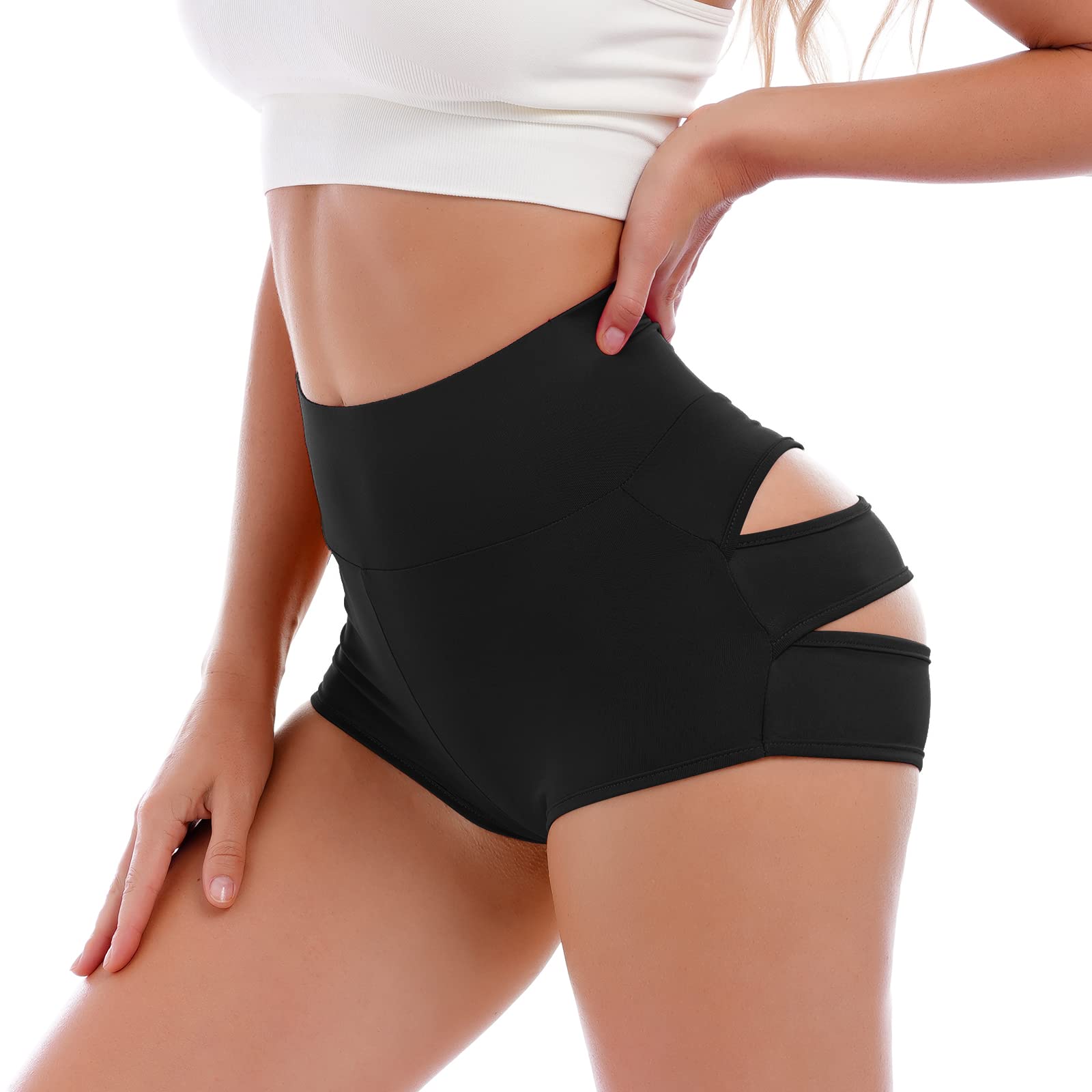 Women's High Waisted Cut Out Booty Shorts Strappy Hollow Scrunch Mini Hot Pants Ripped Butt Lifting Yoga Sport Pole Dance Rave Bottom Boy Shorts Black Small