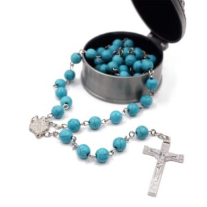 TumiLuben 8mm Turquoise Necklace Rosary Beads Catholic for Woman, Car Rosary for Rearview Mirror with Crucifix and Cross medal with Jerusalem in Gift Box (Carved Rose Metal Box)