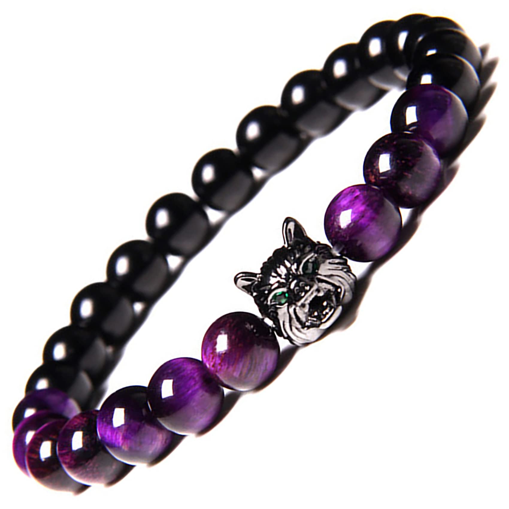 HESHPAWS Wolf Head Charm Amethyst Crystal Bracelet 8mm Round Beads Tiger Eye Bracelets Energy Lava Stone Beaded Bracelets