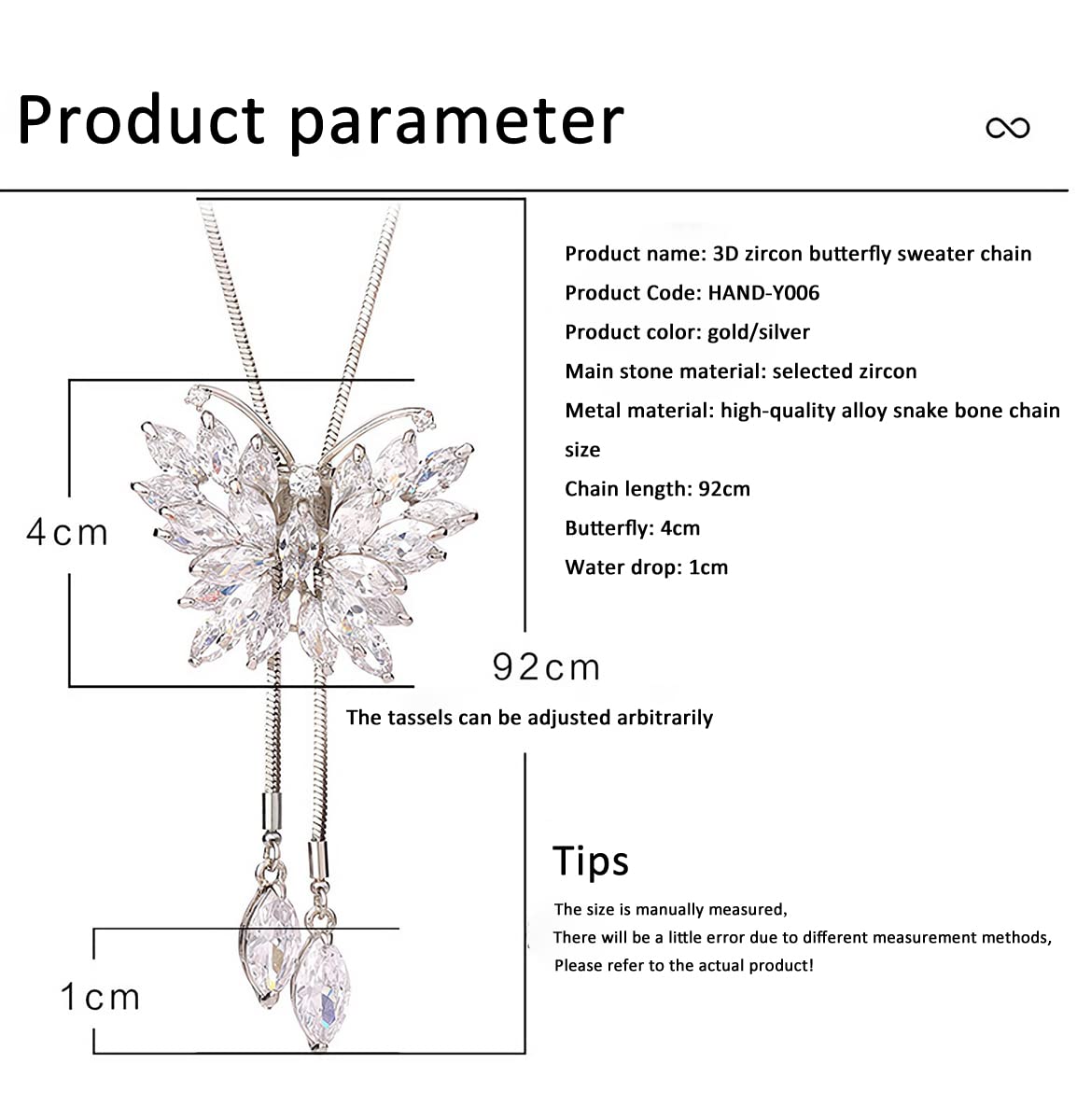 Kodewiet Women Cubic Zirconia flower Butterfly Long Adjustable Chain Pendant Sweater Necklace