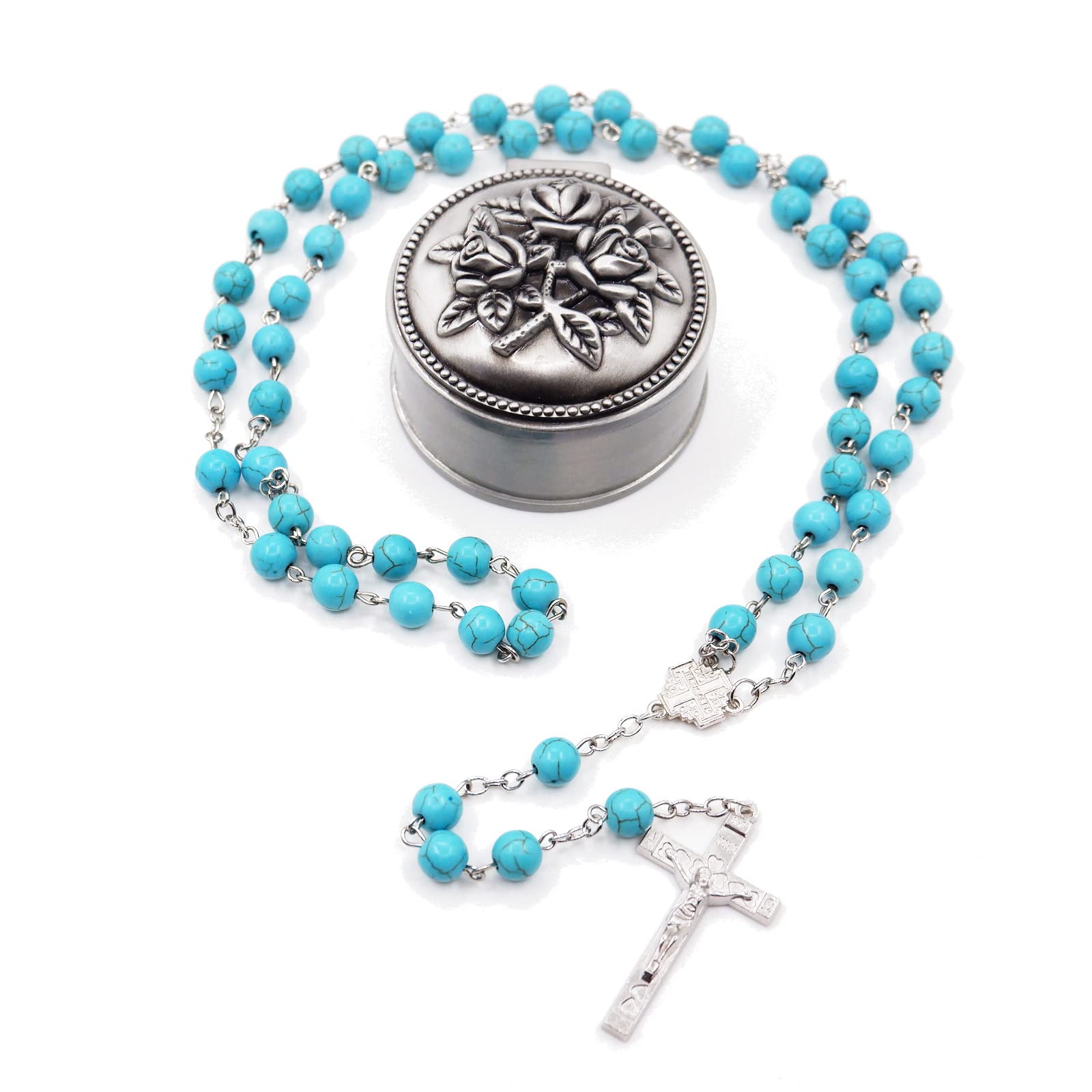 TumiLuben 8mm Turquoise Necklace Rosary Beads Catholic for Woman, Car Rosary for Rearview Mirror with Crucifix and Cross medal with Jerusalem in Gift Box (Carved Rose Metal Box)