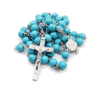 TumiLuben 8mm Turquoise Necklace Rosary Beads Catholic for Woman, Car Rosary for Rearview Mirror with Crucifix and Cross medal with Jerusalem in Gift Box (Carved Rose Metal Box)