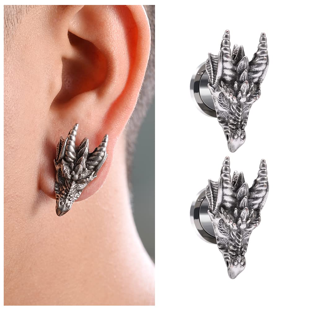 POBAISITER 1 Pair Stainless Steel Dragon Head Ear Gauges Tunnels Jewelry For Man For Woman Body Piercing Jewelry 2g-1/2 Inch Ear Stretcher Plugs