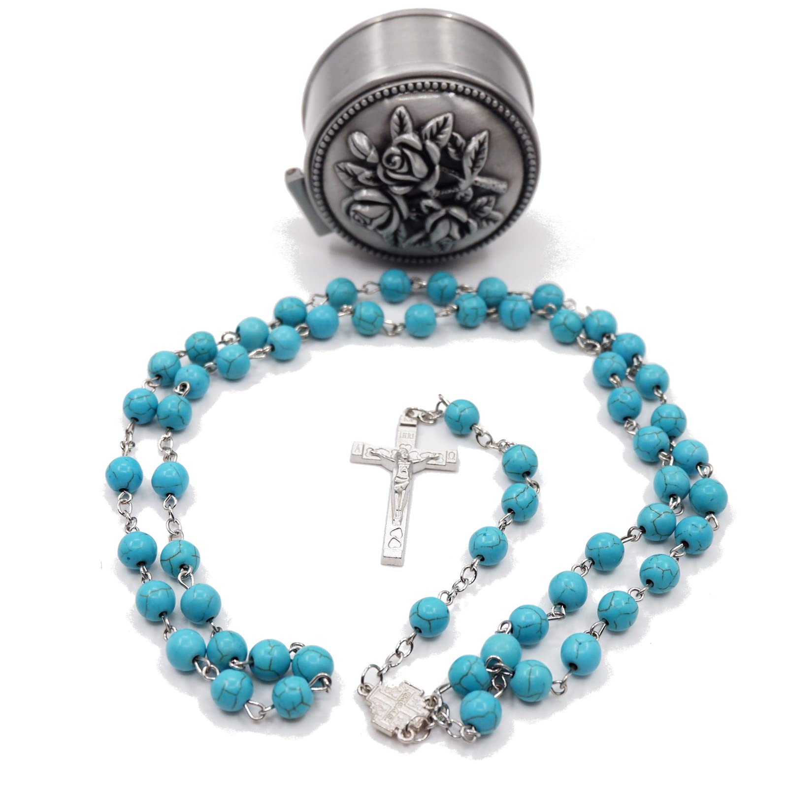 TumiLuben 8mm Turquoise Necklace Rosary Beads Catholic for Woman, Car Rosary for Rearview Mirror with Crucifix and Cross medal with Jerusalem in Gift Box (Carved Rose Metal Box)