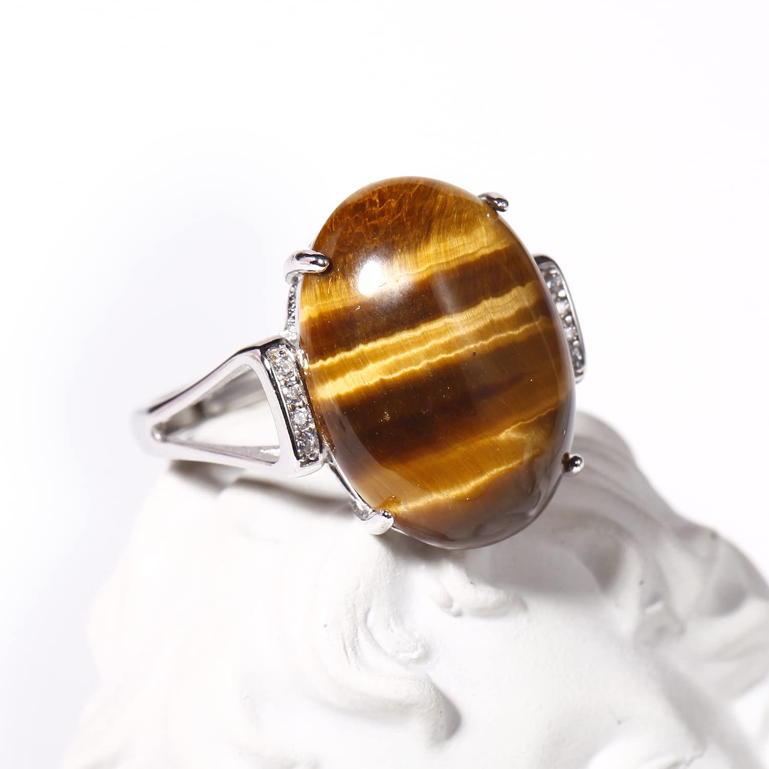 Jewever 925 Sterling Silver Rings for Women Men Genuine Tiger Eye Stone Anxiety Ring Open Adjustable Unisex Jewelry (7-10#)