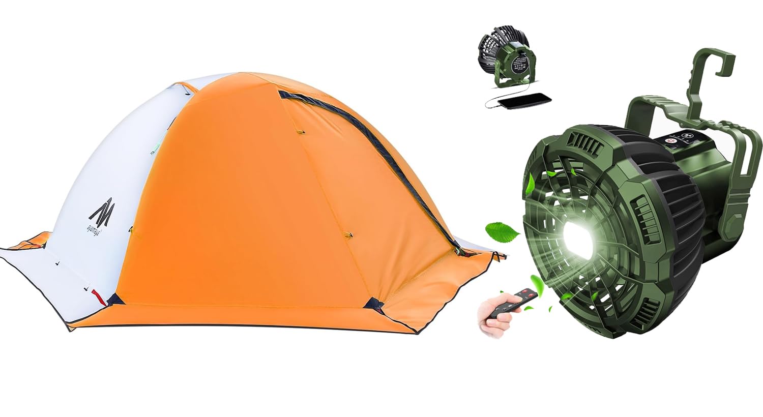 ayamaya Camping Fan + 4 Person Tent, Orange 2 Person Backpacking & Rechargeable Fan with LED Light & Remote Control, 7800mAh Portable Led Light Camping Lantern Fan USB Desk Ceilling Fan