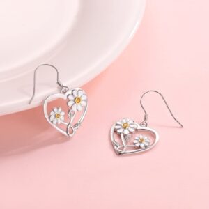 Daisy Sunflower Drop Earrings for Women - 925-Sterling-Silver Delicate Daisy Flowers Heart Dangle Earring Jewelry for Girls, Forever in My Heart White Daisy Sunflowers Drop Earrings Gifts