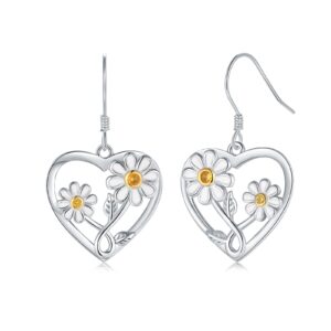 daisy sunflower drop earrings for women - 925-sterling-silver delicate daisy flowers heart dangle earring jewelry for girls, forever in my heart white daisy sunflowers drop earrings gifts