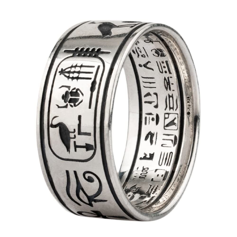 Vintage 925 Sterling Silver Egyptian Hieroglyphics Ring Jewelry with Horus Anubis for Men Women,Size 9