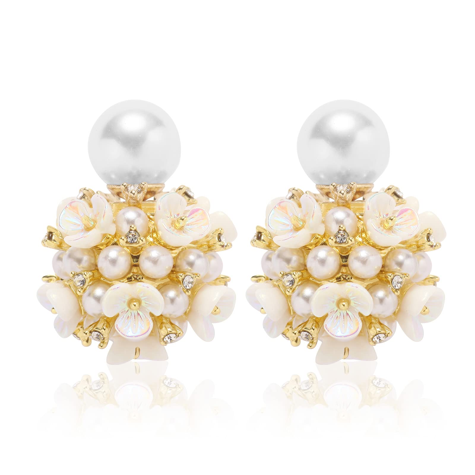 Numgug Shell Flower Pearl Earrings Ball Pearl Double Sided Stud Front Back Earrings for Women 14k Gold Plated Inlaid Created Zircon Pearl Stud (A-Golden)1