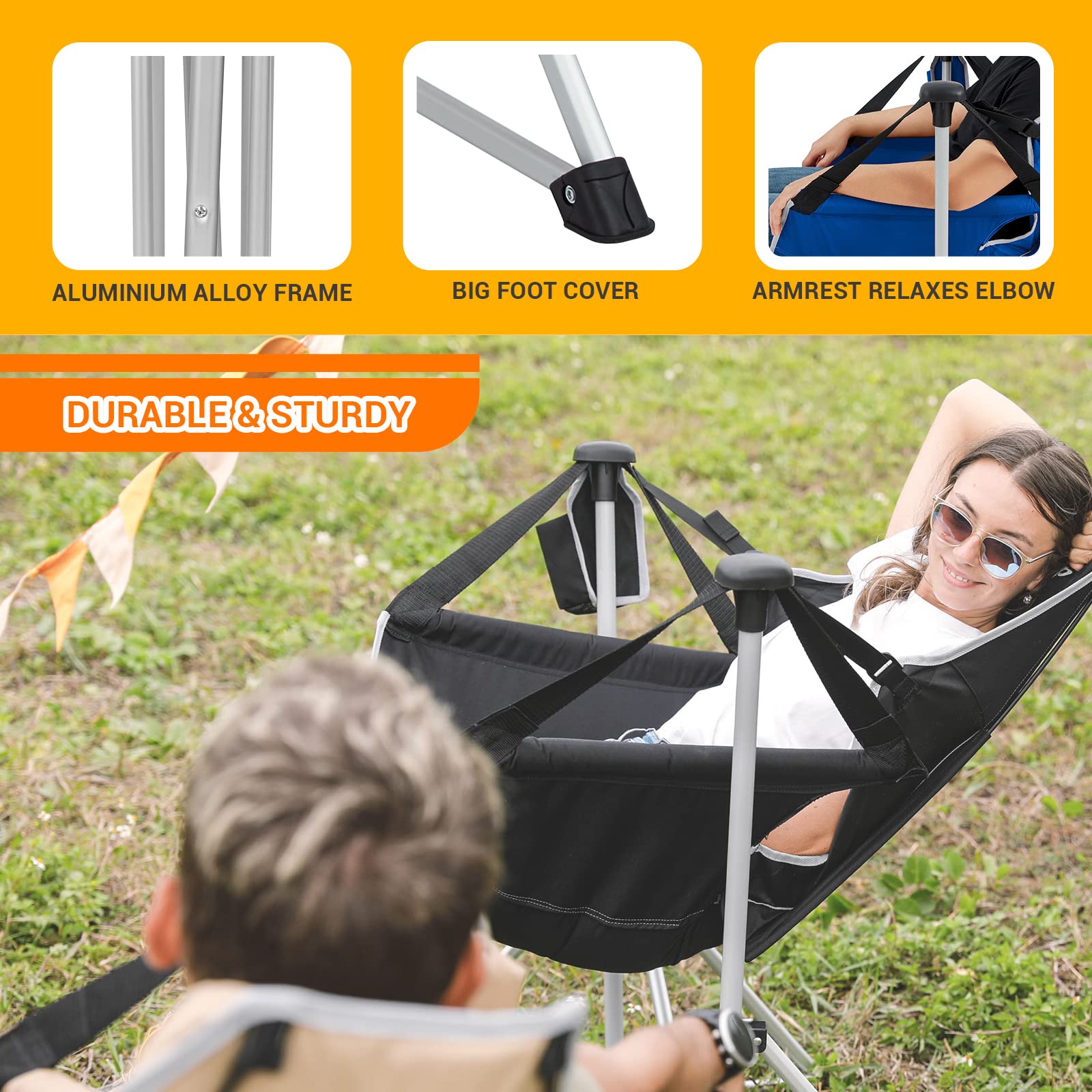 KingCamp Hammock Camping Chair, Aluminum Alloy Adjustable Back Swinging Folding Rocking Chair with Pillow & Cup Holder for Outdoor, Travel, Sport, Games, Lawn, Concerts, and Backyard (Blue)