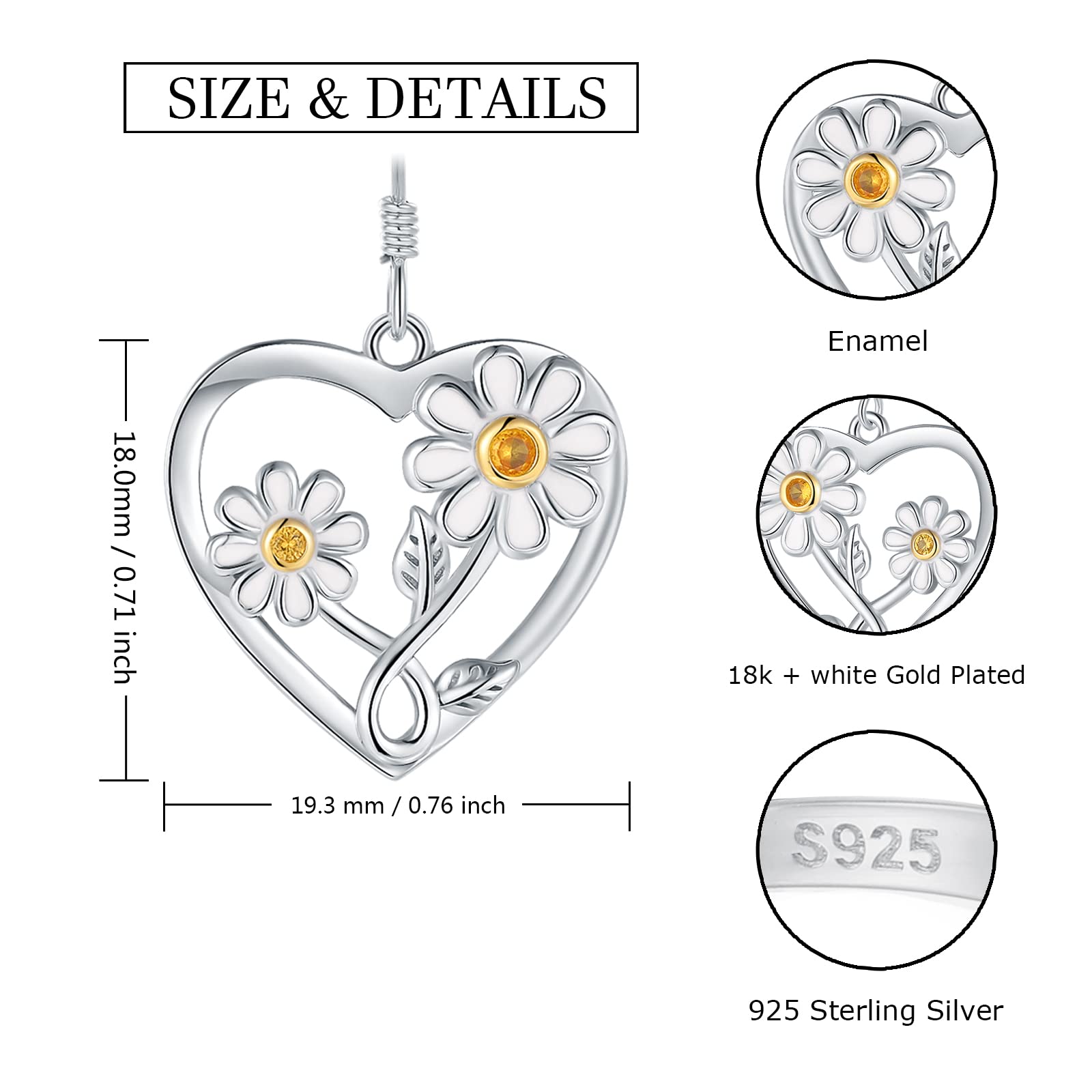 Daisy Sunflower Drop Earrings for Women - 925-Sterling-Silver Delicate Daisy Flowers Heart Dangle Earring Jewelry for Girls, Forever in My Heart White Daisy Sunflowers Drop Earrings Gifts