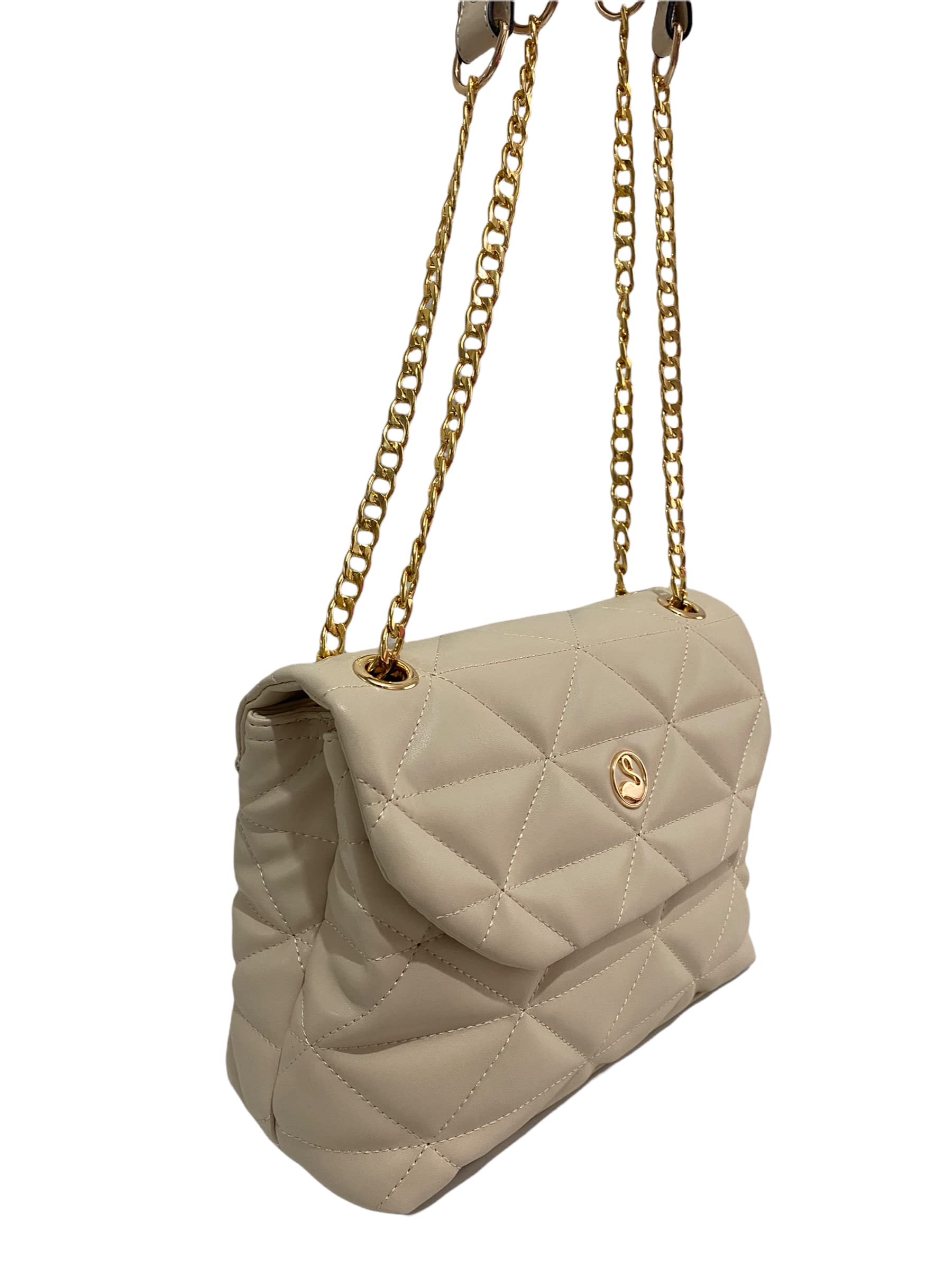 SANMORRİS Crossbody Bag for Women, Medium Shoulder Bag Vegan Purses and Handbags with Faux Leather and Chain.(Cream color)