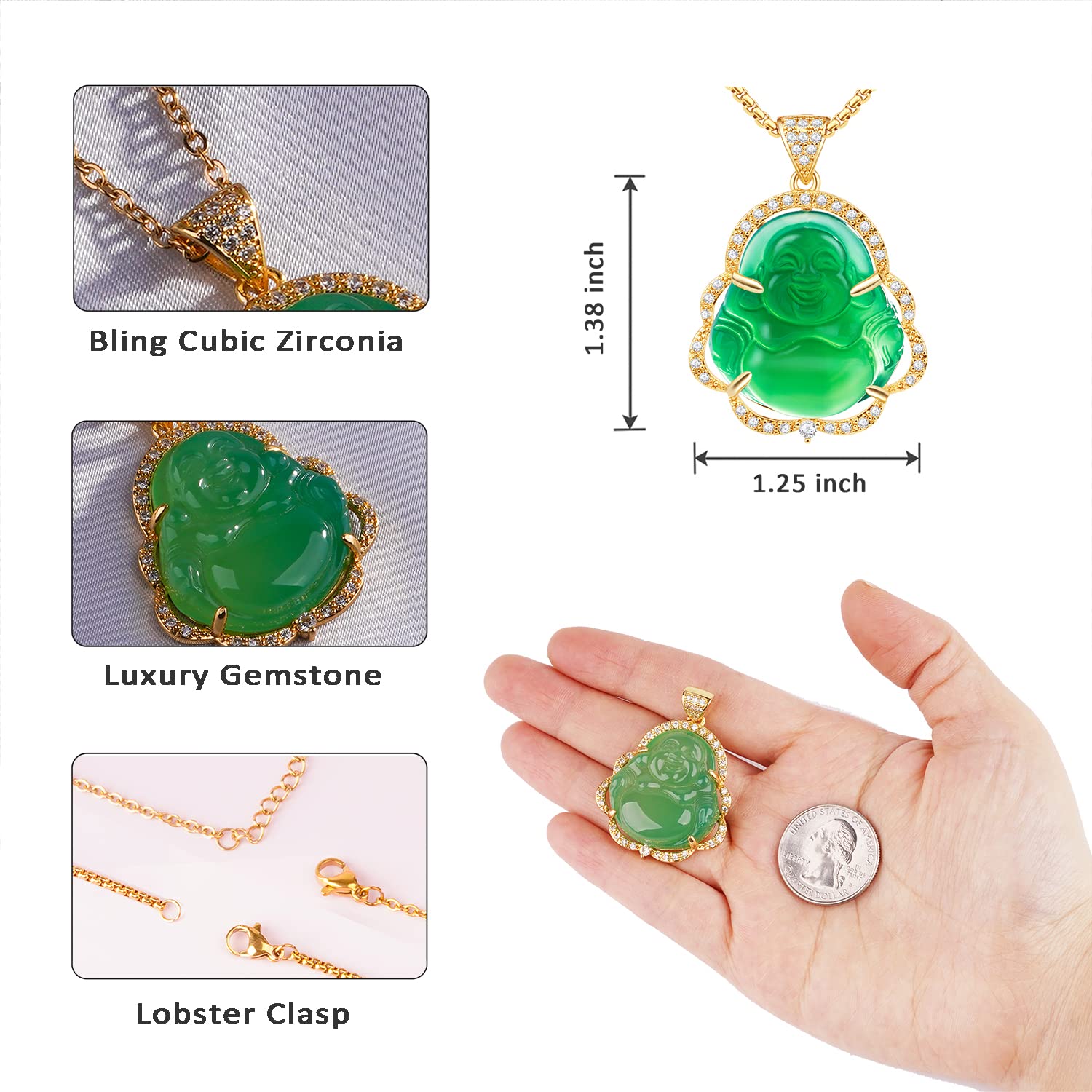 TIKCAUZ Buddha Necklace for Women Men Green Jade Laughing Buddha Pendant with18K Gold Plated Chain Lucky Buddah Necklace Jewelry Gifts for Her Him