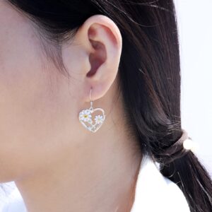 Daisy Sunflower Drop Earrings for Women - 925-Sterling-Silver Delicate Daisy Flowers Heart Dangle Earring Jewelry for Girls, Forever in My Heart White Daisy Sunflowers Drop Earrings Gifts