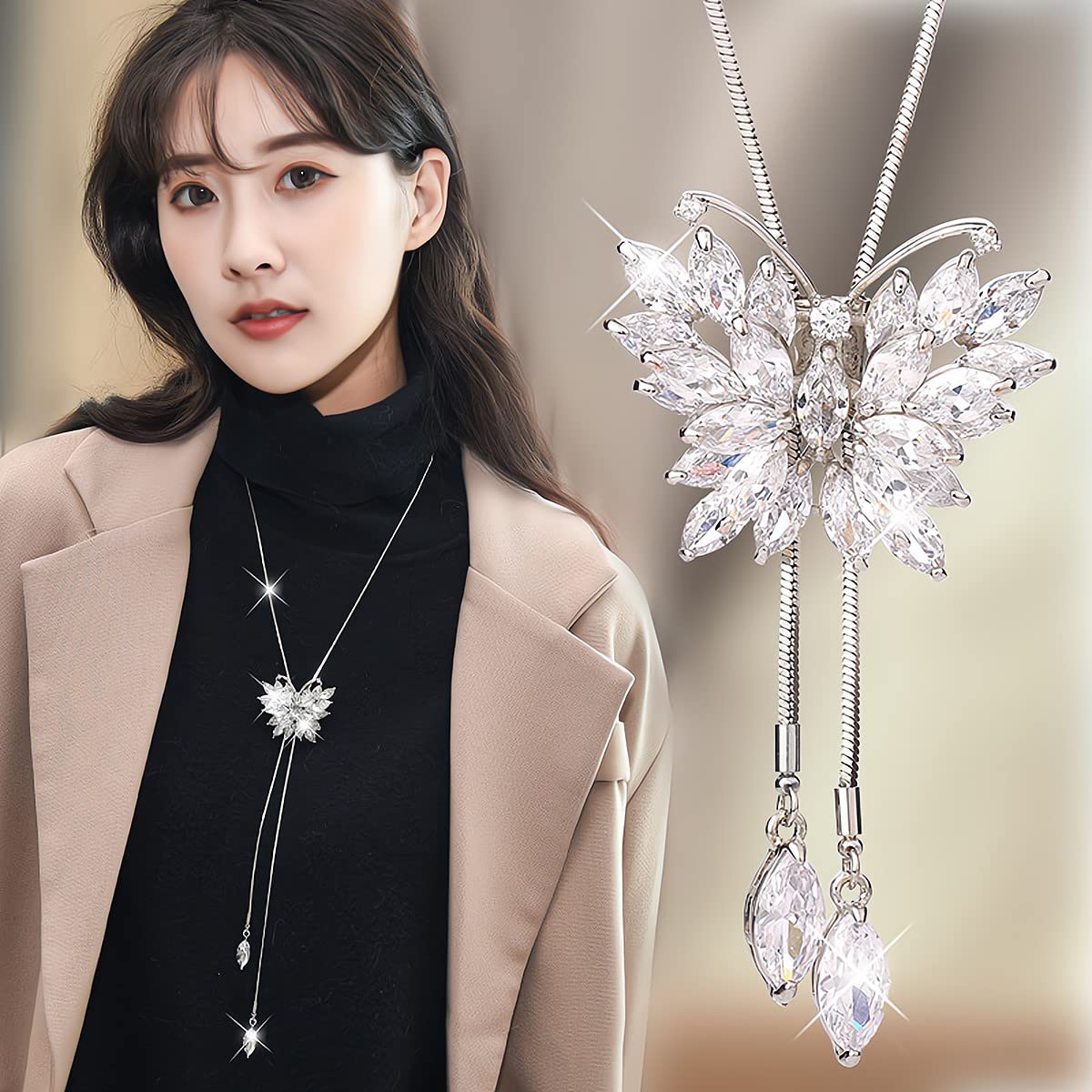 Kodewiet Women Cubic Zirconia flower Butterfly Long Adjustable Chain Pendant Sweater Necklace