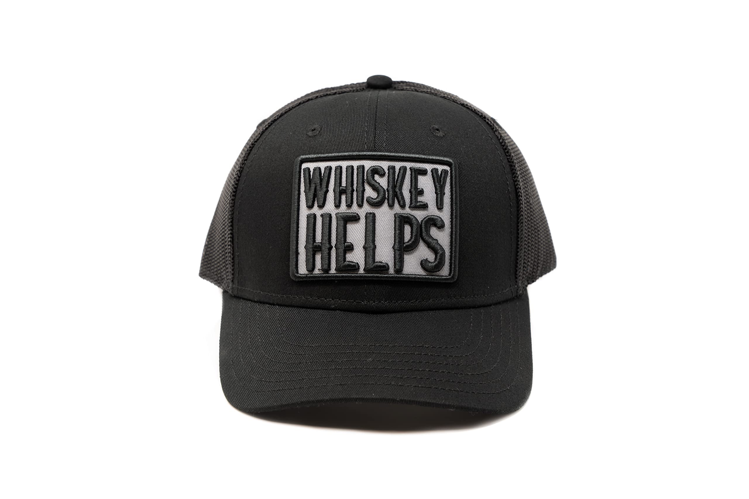 MASHBILL Trucker Hat - Whiskey Helps Embroidered Patch, Snap Closure, Adjustable Mesh Back, One Size Fits Most, for Bourbon & Whiskey Lovers, Men's Mesh Cap