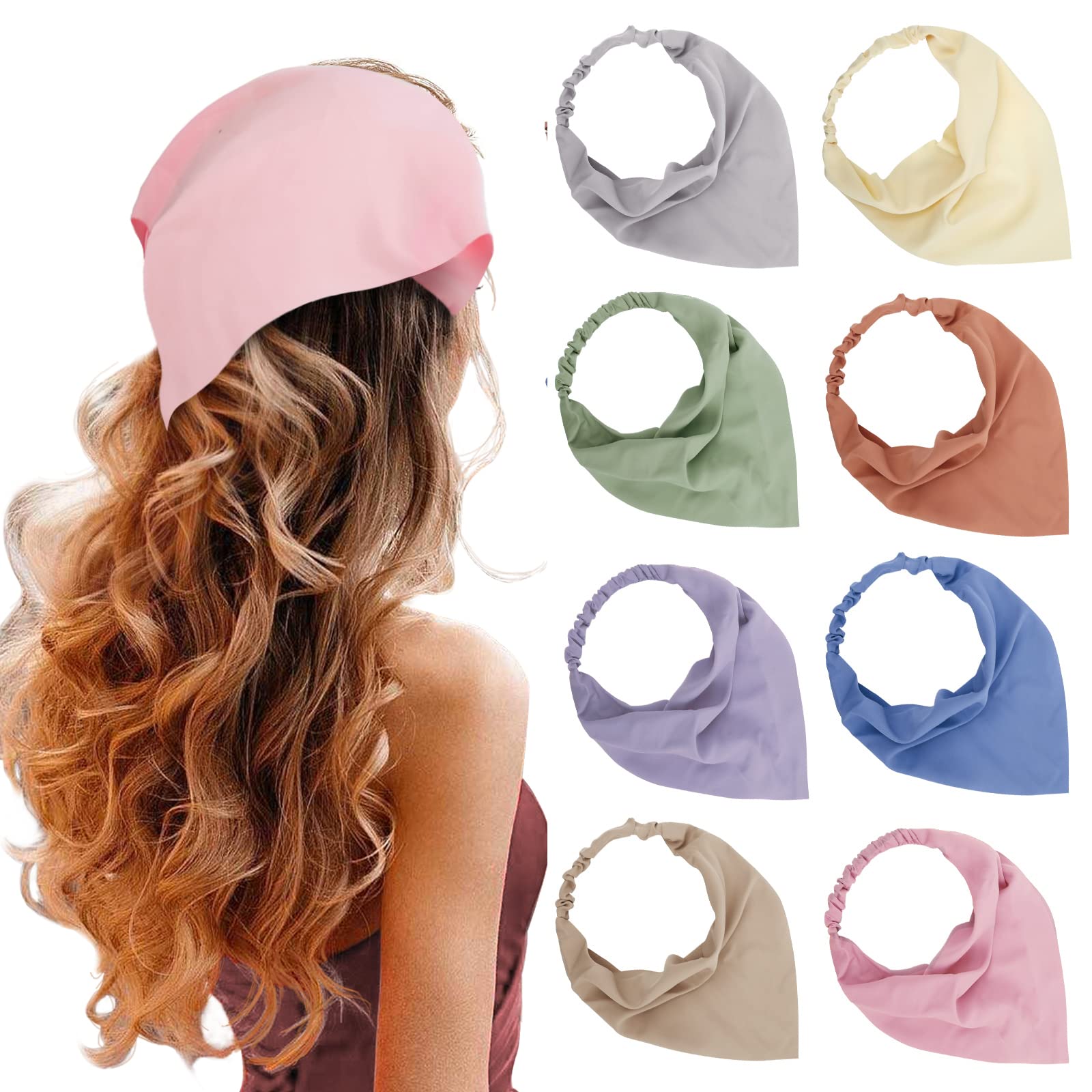 Tobeffect 8 Pack Hair Scarves Headband Elastic Boho Bandanas Scarf, Chiffon Head Kerchief with Hair Pins for Women Girls Farmhouse Hair Accessories, Solid Color