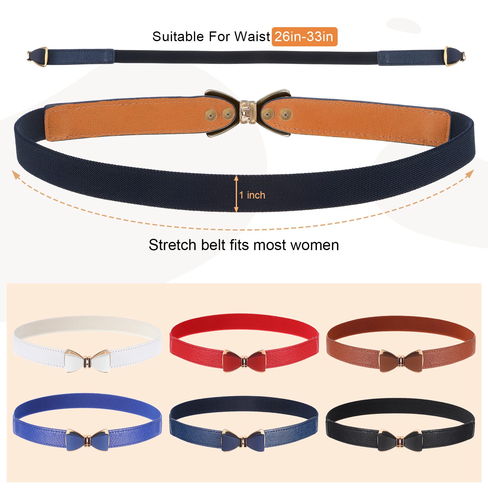 Zhanmai 6 Pieces Bow Skinny Elastic Waist Belt Faux Leather Stretchy Belt 1.18 Inch Wide Thin Belt for Dress Women, 6 Colors