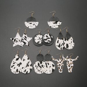 Faux Leather Cow Print Teardrop Leaf Drop Dangle Earrings Floral Hook Star Round for Women Lightweight Handmade Aesthetic Jewelry-Black Layered