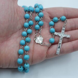 TumiLuben 8mm Turquoise Necklace Rosary Beads Catholic for Woman, Car Rosary for Rearview Mirror with Crucifix and Cross medal with Jerusalem in Gift Box (Carved Rose Metal Box)