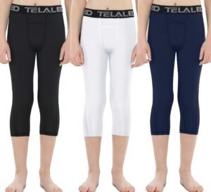 telaleo 3/4 boys youth compression leggings tights base layer sports running capris kids for workout training 3pack s