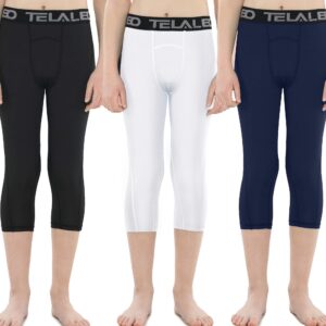 TELALEO 3/4 Boys Youth Compression Leggings Tights Base Layer Sports Running Capris Kids for Workout Training 3PACK S