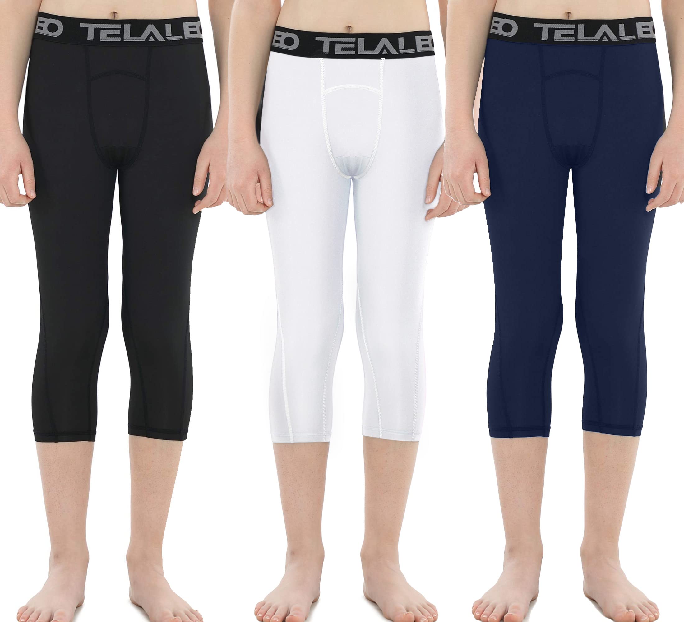 TELALEO 3/4 Boys Youth Compression Leggings Tights Base Layer Sports Running Capris Kids for Workout Training 3PACK M