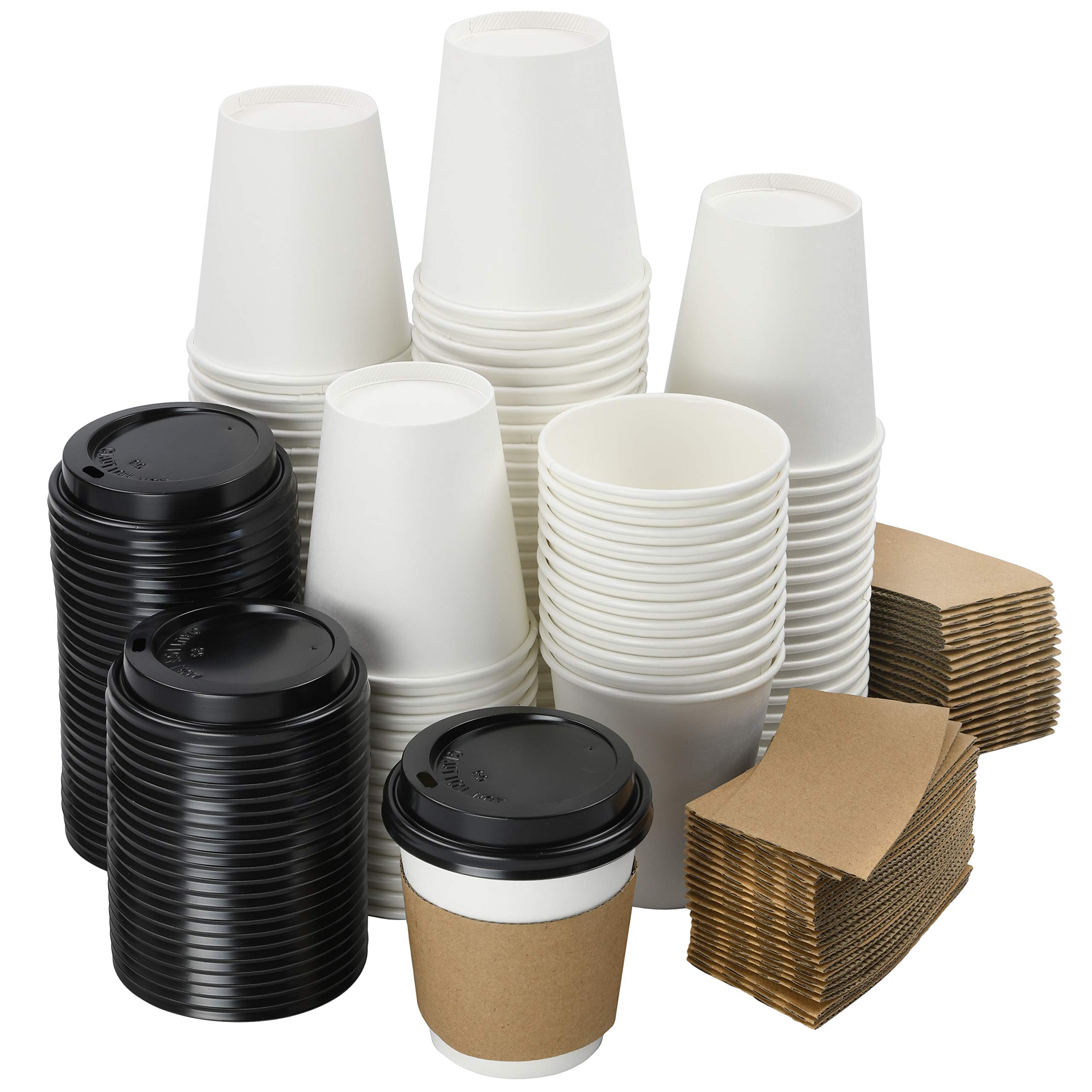 NYHI 200 Pack 8 oz White Paper Disposable Cups With Lids And Sleeves Hot Cold Beverage Drinking Cup for Water Juice Coffee or Tea Ideal for Water Coolers Party or Coffee On the Go