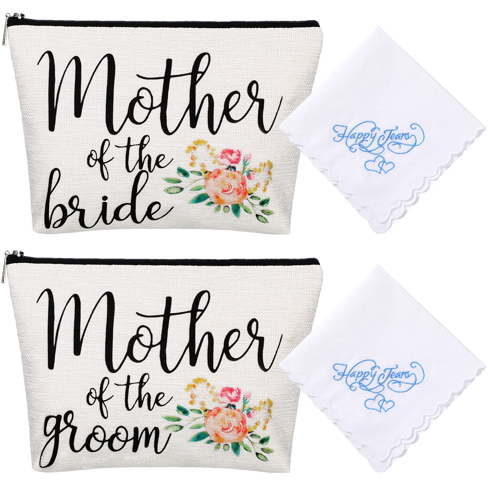 4 Pieces Mother of the Bride Gifts Wedding Handkerchief Happy Tears Handkerchief Mother of Bride Makeup Bags Canvas Mother Cosmetic Bags for Wedding Engagement