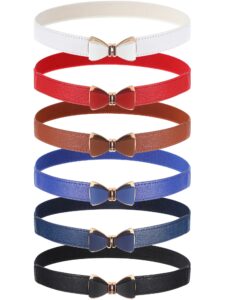 zhanmai 6 pieces bow skinny elastic waist belt faux leather stretchy belt 1.18 inch wide thin belt for dress women, 6 colors