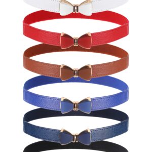 Zhanmai 6 Pieces Bow Skinny Elastic Waist Belt Faux Leather Stretchy Belt 1.18 Inch Wide Thin Belt for Dress Women, 6 Colors