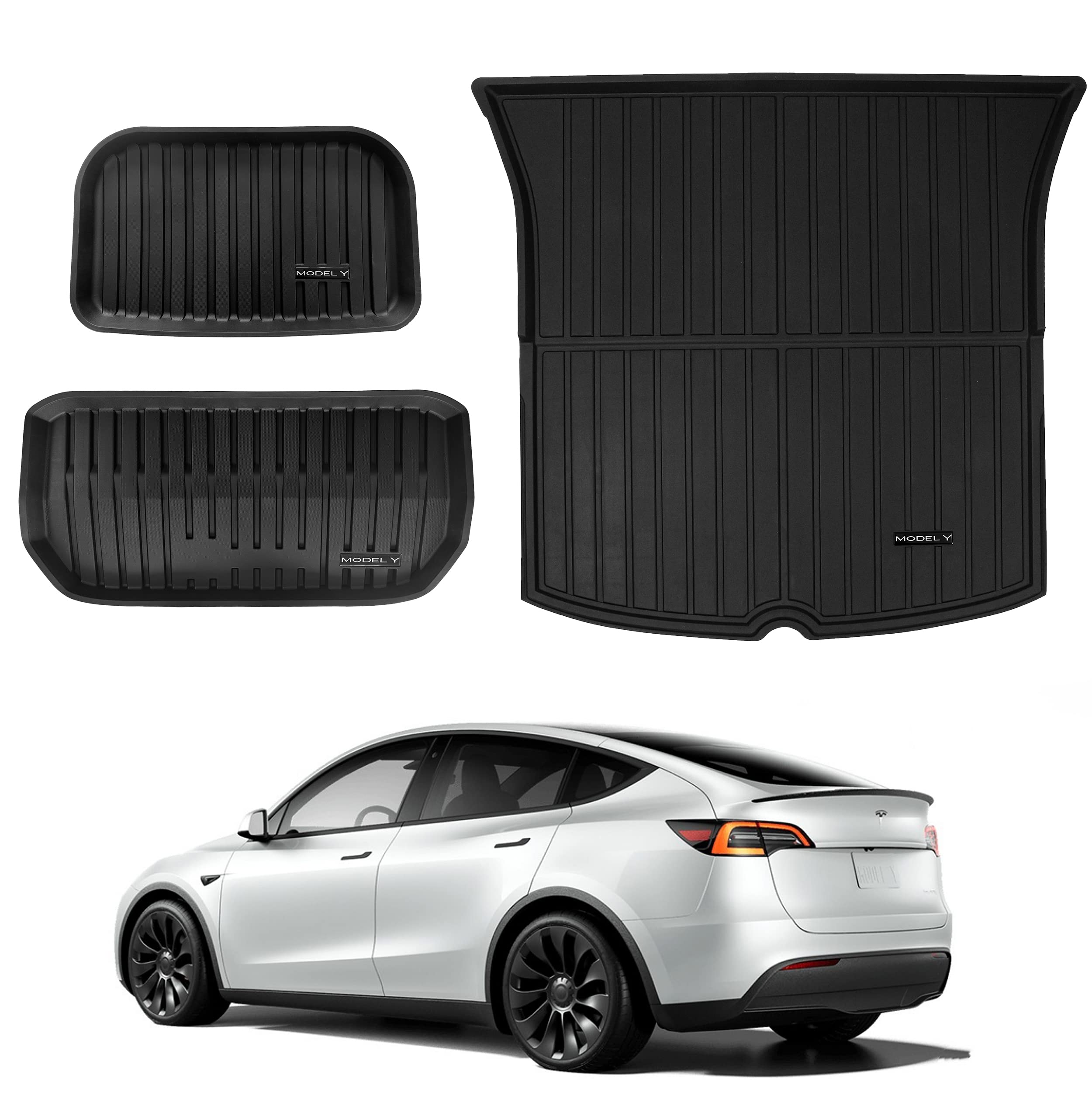 Pedigree 3D TPE Material Tesla Model Y Trunk Mat Ful Cover All Weather Rear Trunk Storage Mat Custom Fit Heavy Duty Rubber Odorless MY Accessories 2020 2021 2022(Front Trunk mats+Trunk mats+Caogo mat)