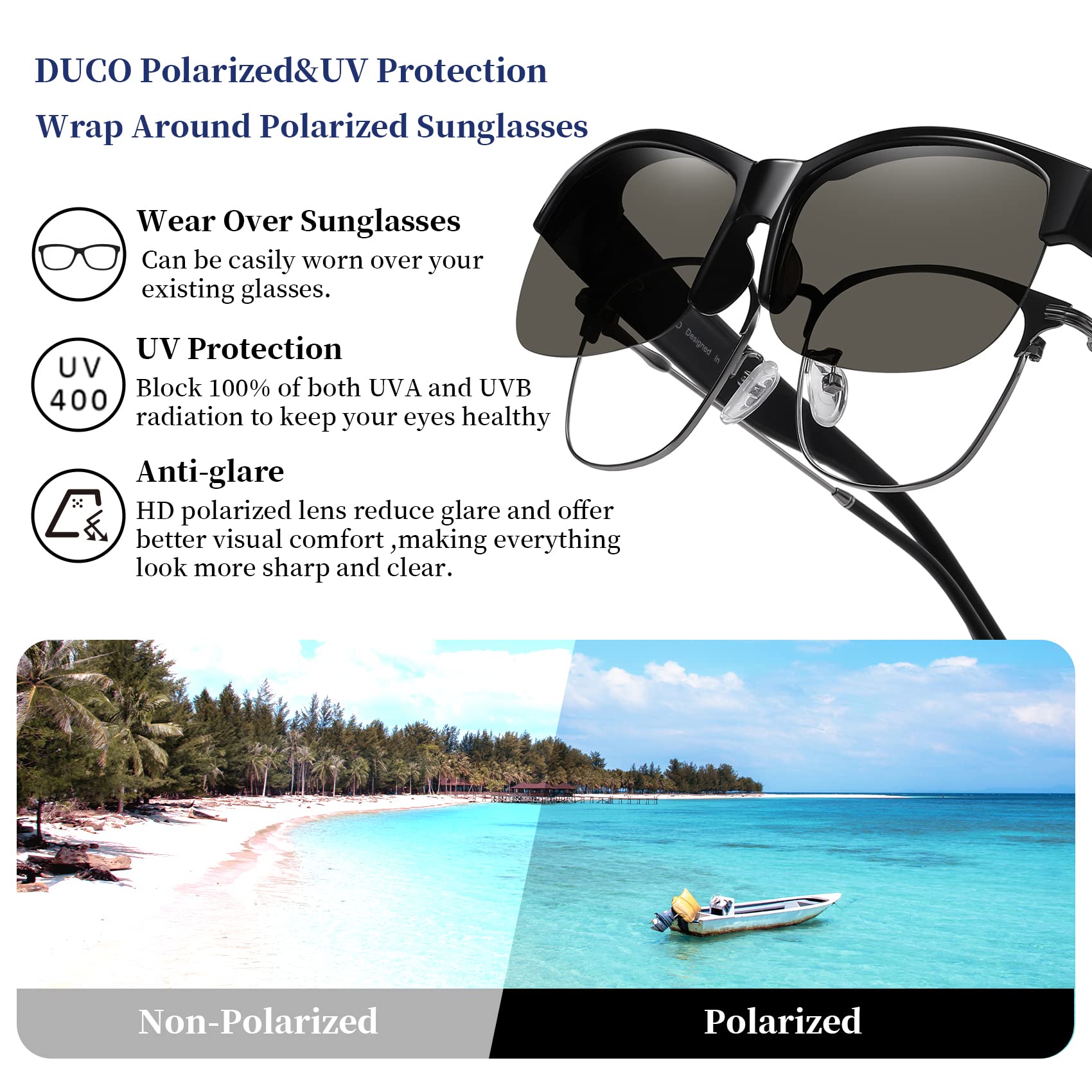 DUCO Fit Over Glasses Unisex Wraparound Glasses Fashion Rimless Wear Over Glasses Polarized Sunglasses for Men and Women 8960