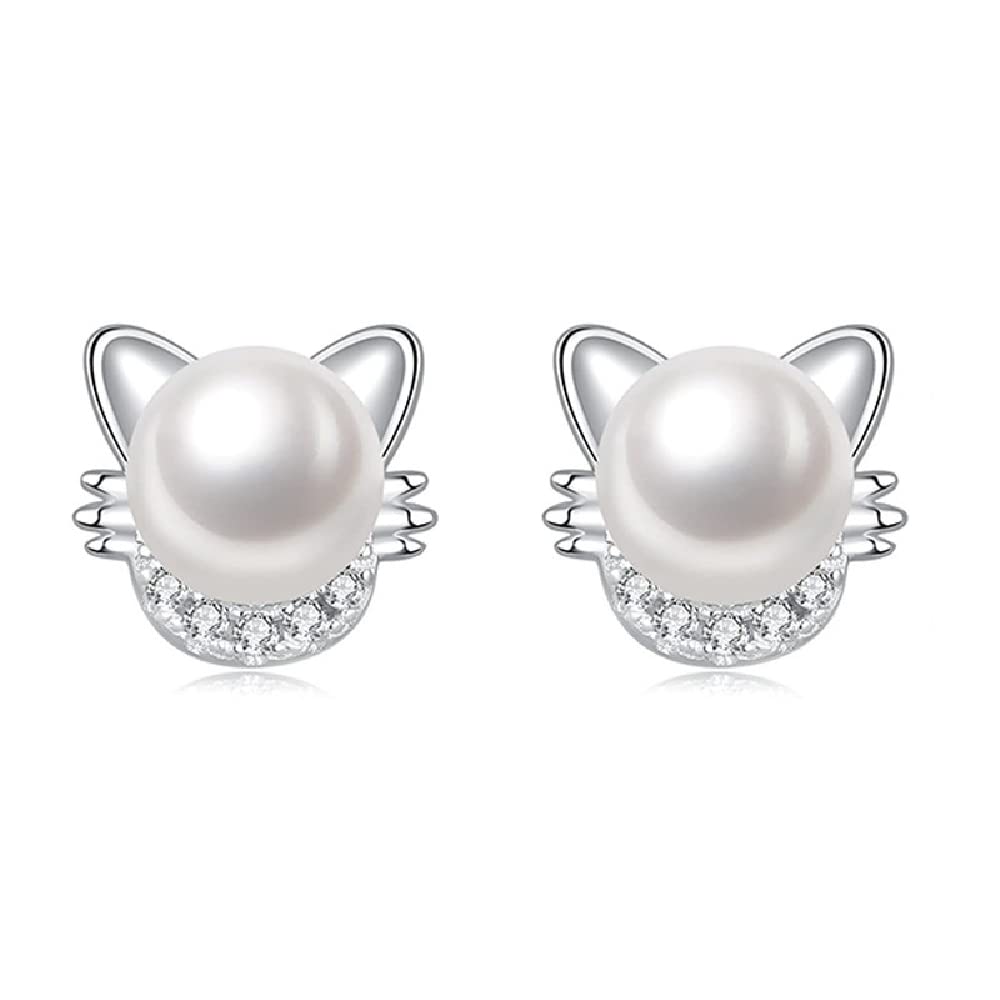 HengYi Cat earrings freshwater pearl earrings sterling silver earrings ladies gifts, white, 0.9cm*0.8cm