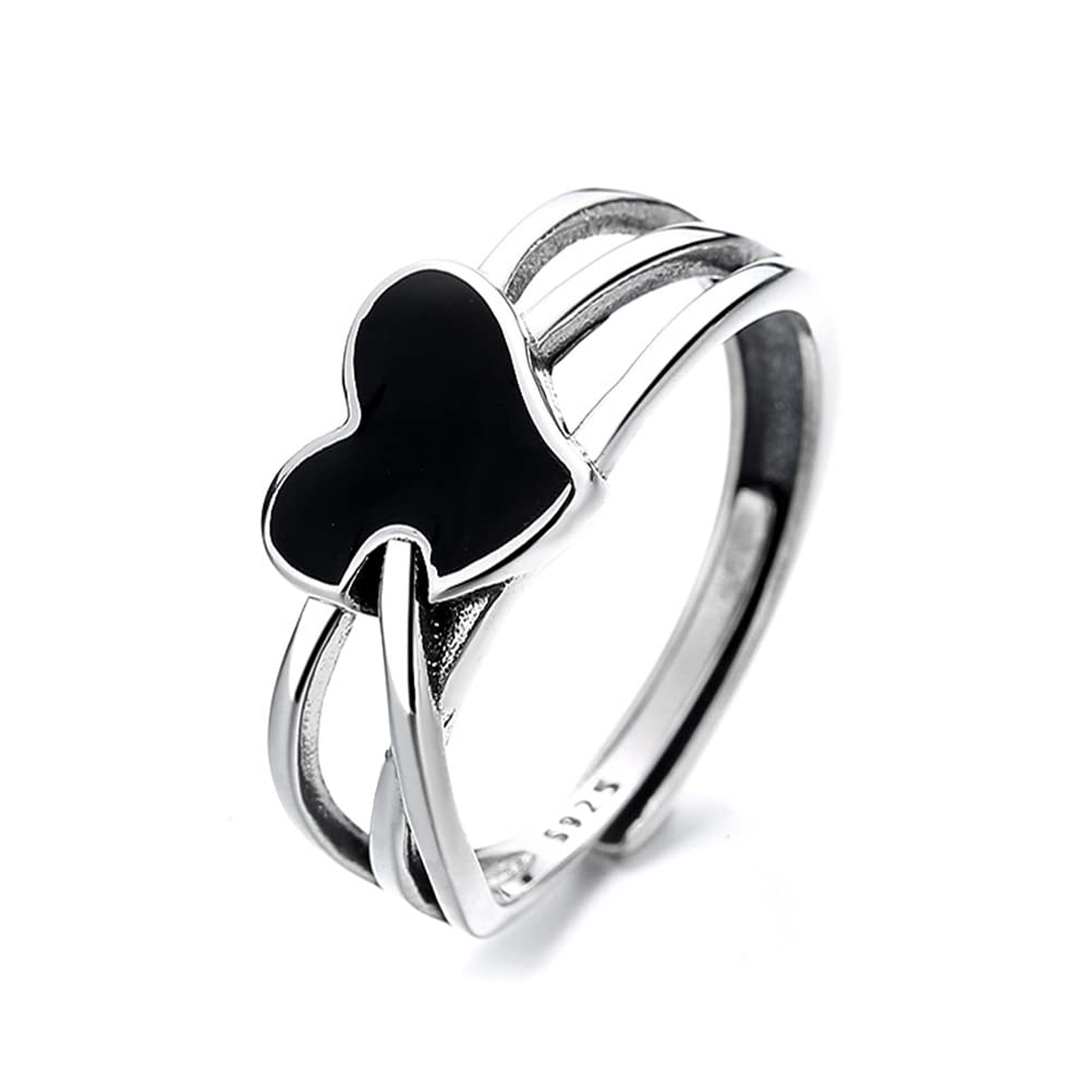 Black Heart Open Statement Rings Sterling Silver 925 Adjustable Multi Layers Engagement Promise Ring Endless Love Eternity Wedding Bands Wrap Finger Band for Women