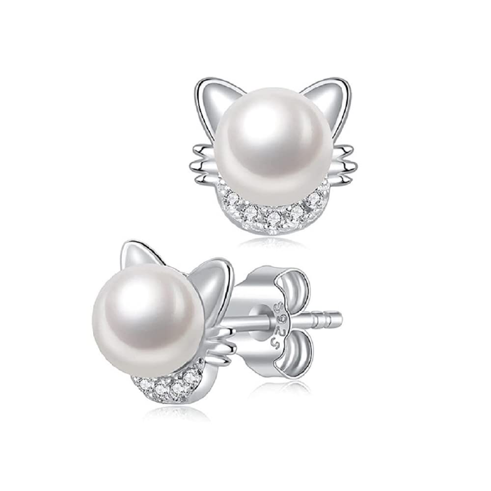 HengYi Cat earrings freshwater pearl earrings sterling silver earrings ladies gifts, white, 0.9cm*0.8cm