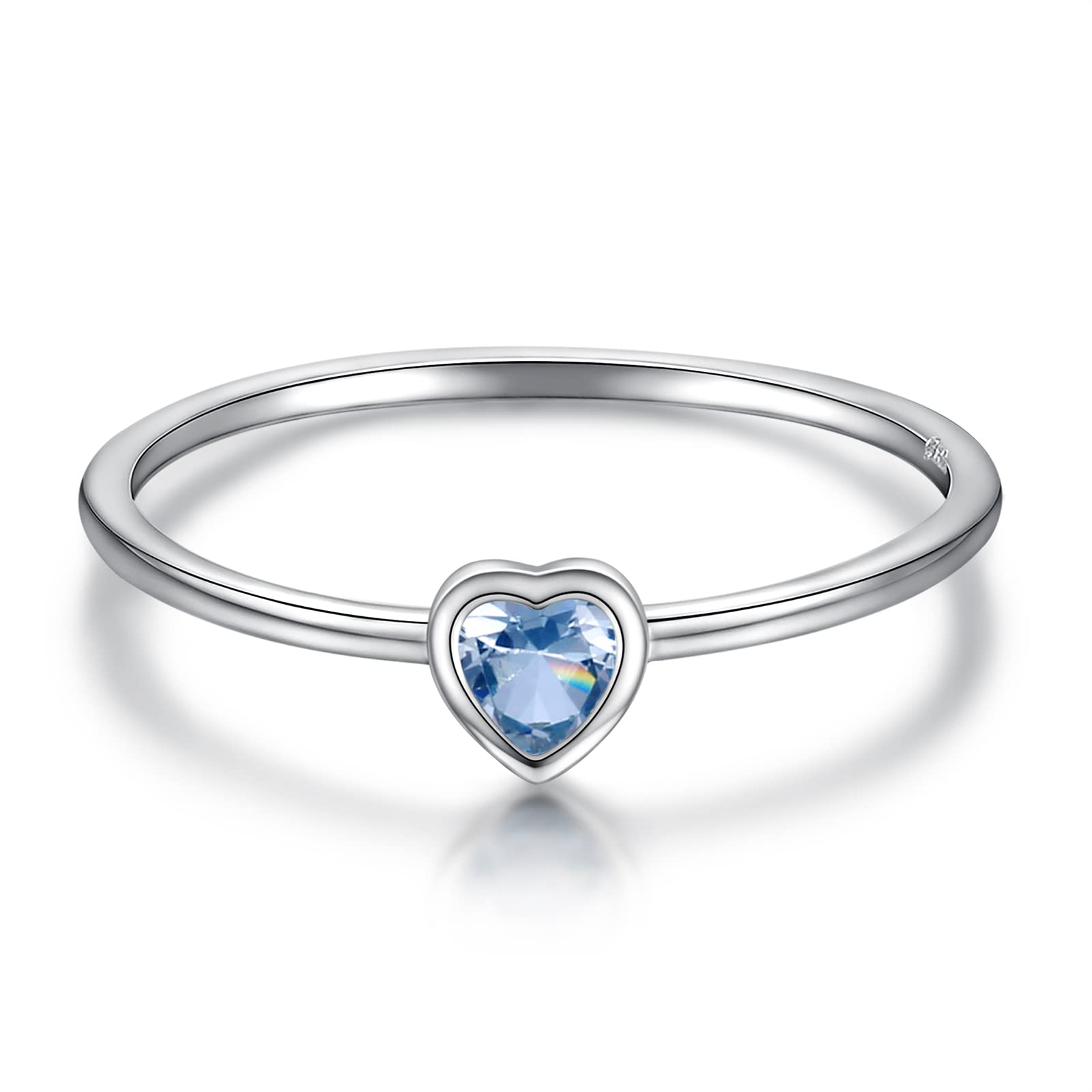 Simple Heart Birthstone Ring for Women 925 Sterling Silver Stackable Promise Ring with Colorful Cubic Zirconia Minimalist Jewelry Gift (March, 6)