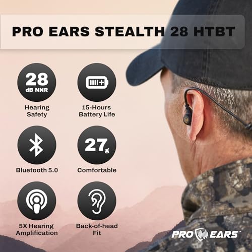 Pro Ears Stealth 28 HTBT, Advanced Bluetooth Ear Protection, 28 dB Noise Reduction, Custom Comfort Fit, 15-Hr Battery Life, for Shooting & Outdoor Activities