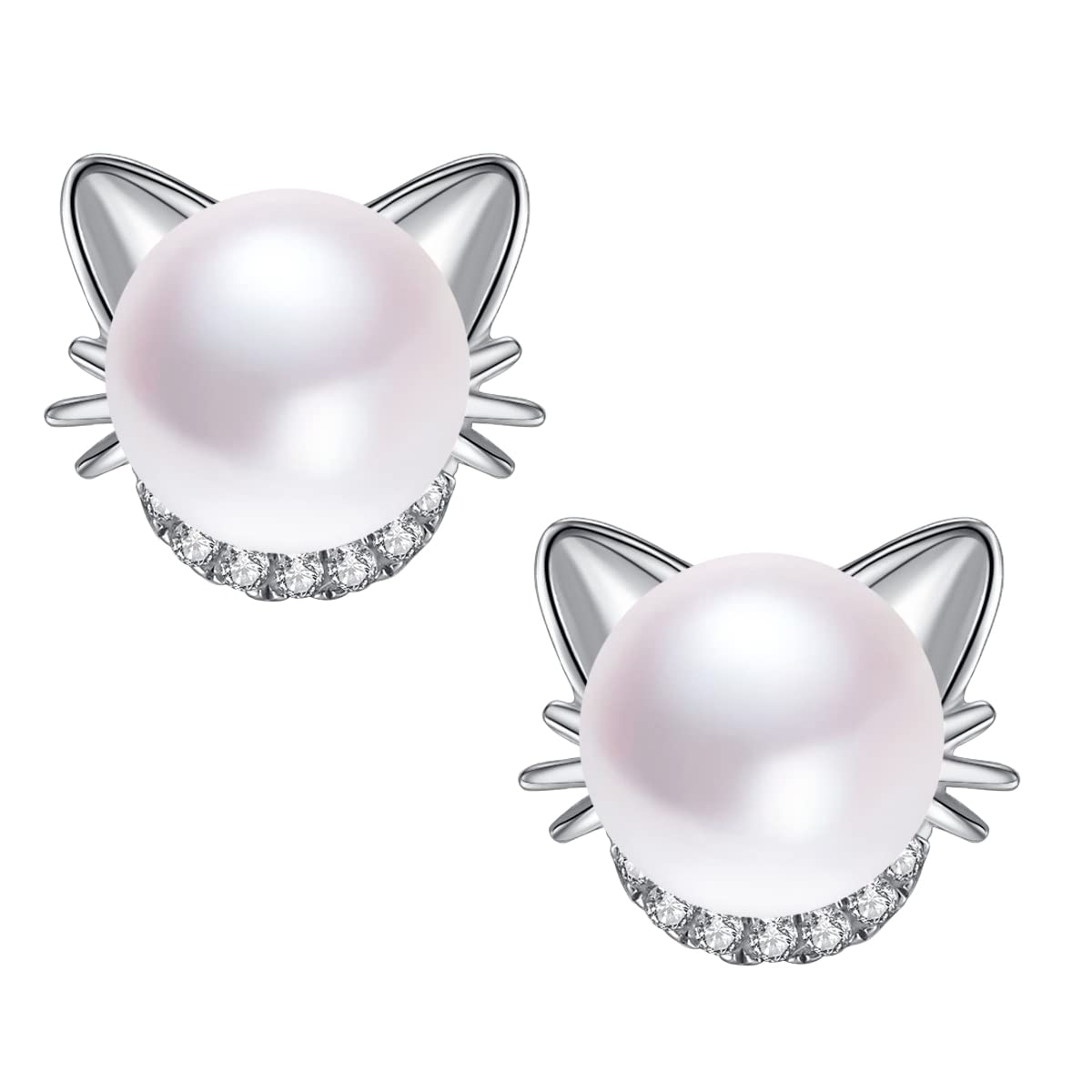 HengYi Cat earrings freshwater pearl earrings sterling silver earrings ladies gifts, white, 0.9cm*0.8cm