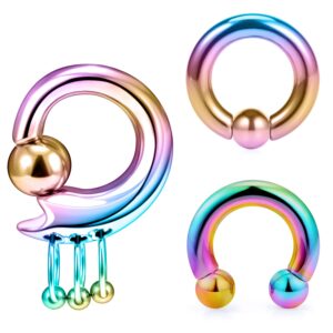 4G Earrings Internally Threaded Circular Barbells Horseshoe PA Rings Captive Bead Rings Dangle Spring Action CBR Surgical Steel Monster Screwball Rings Body Piercing Rings for Women Men Rainbow